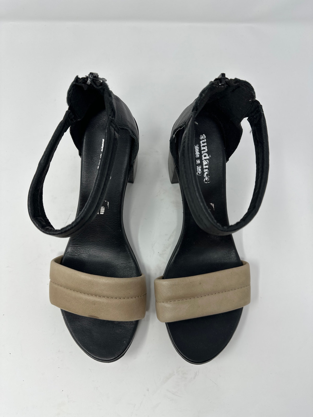 Sundace New Made In Italy Tan Black Sanabella Block Heel Sandal Size 39 Or 8-8.5